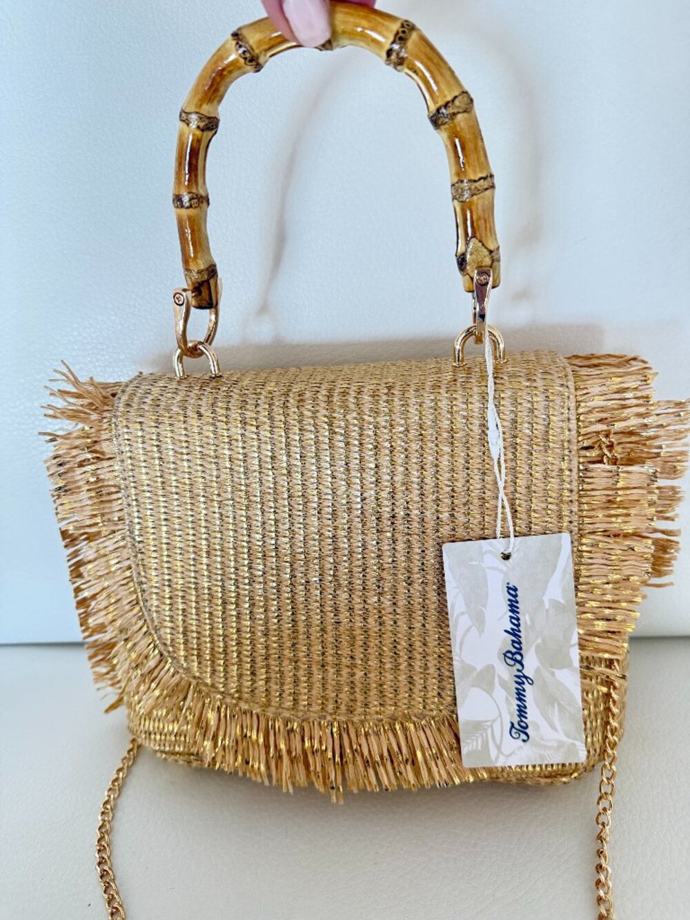 Tommy Bahama Woven Raffia Straw Fringe Bamboo Handle satchel crossbody bag gold